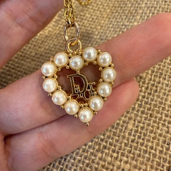 Handmade Vintage Dior Heart Pearl Charm Upcycled Repurposed Pedant necklace - Picture 2 of 4